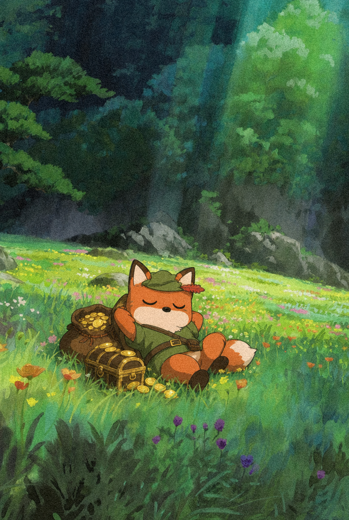 FWOX napping in a meadow beside a chest of gold